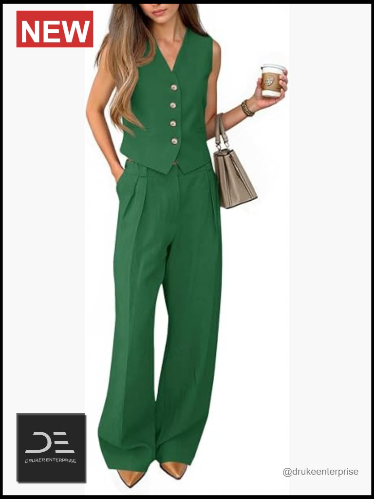 V Neck Crop Vest Blazer & Wide Leg Suit Pants Set 2 Piece Office Outfit